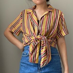Thrifted Oversized Earth-tone Striped Button Up